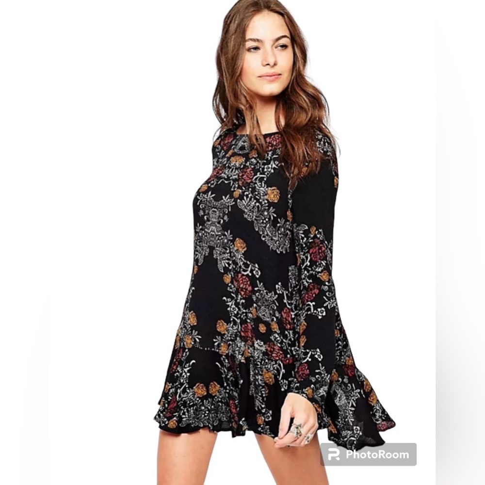FREE PEOPLE Smooth Talker Floral Tunic Mini Dress Raven Combo Dark Navy Size M